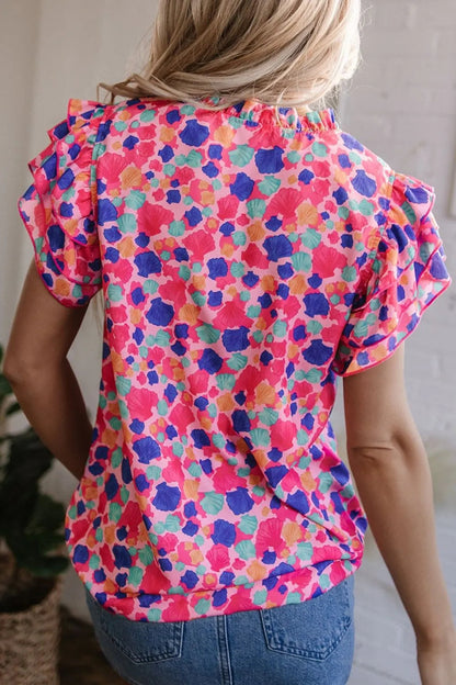 Abstract Print Ruffled Sleeve Notched Blouse Simply Love