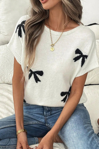 Bow Pattern Knit Short Sleeve Sweater  DAME BOHEME