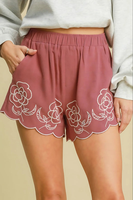 Umgee Linen Blend Shorts with Floral Embroidery Trendsi