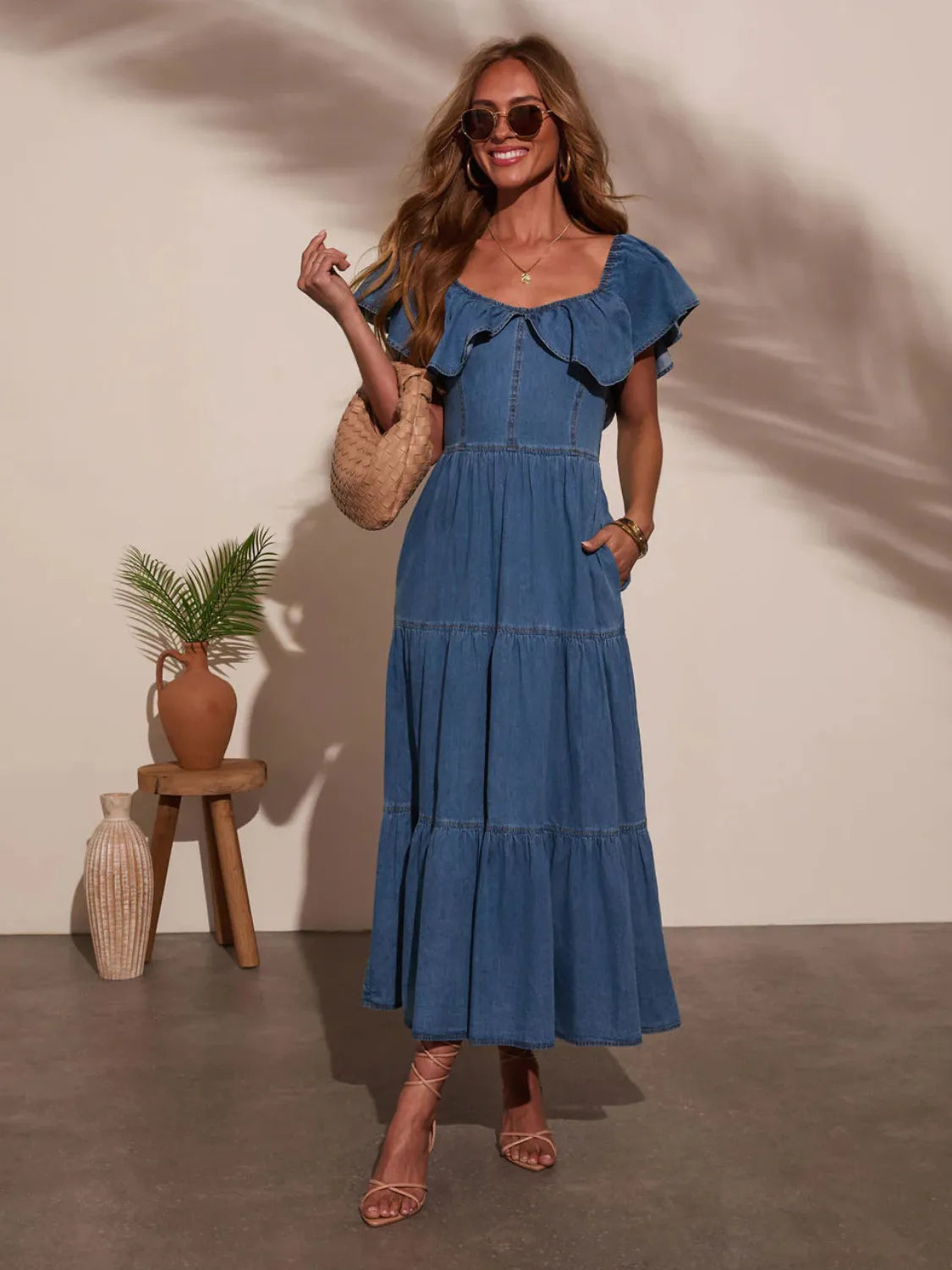 Off Shoulder Ruffle Tiered Denim Midi Dress Trendsi