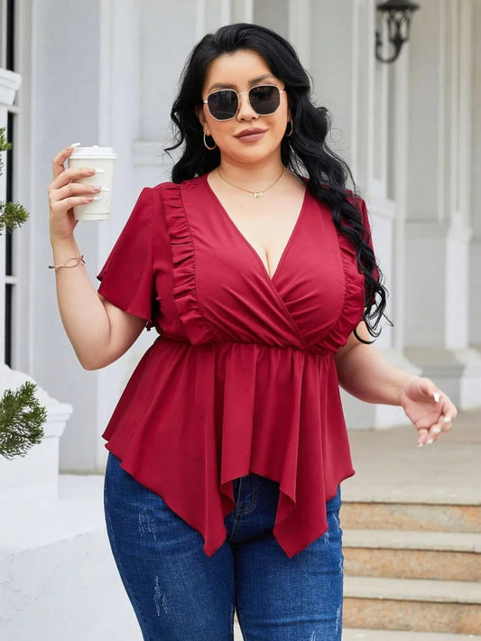 Plus Size Frill Surplice Flutter Sleeve Blouse Trendsi