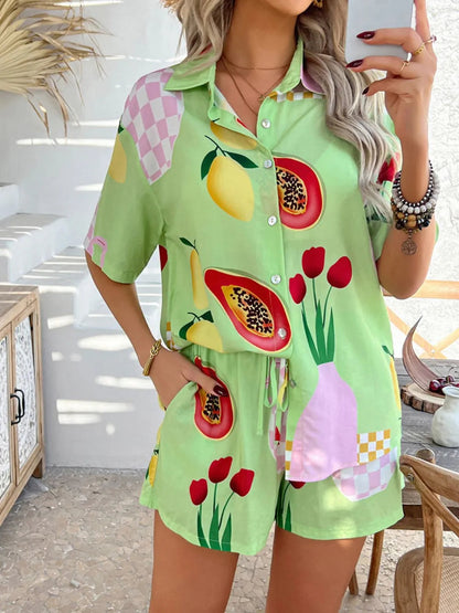 Devine Tropical Print Button-Down Shirt and Shorts Set Trendsi