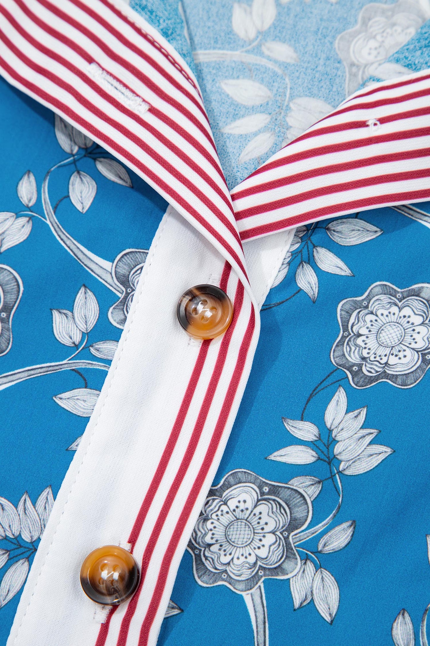 Blue Retro Floral Print Striped Trim Button Neck Short Sleeve Blouse  DAME BOHEME