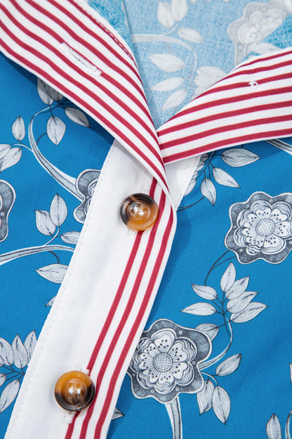Blue Retro Floral Print Striped Trim Button Neck Short Sleeve Blouse  DAME BOHEME