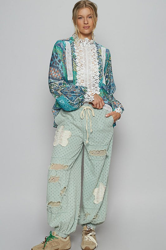 POL Lace Detail Printed Button Down Shirt Trendsi