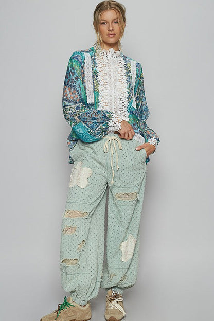 POL Lace Detail Printed Button Down Shirt Trendsi