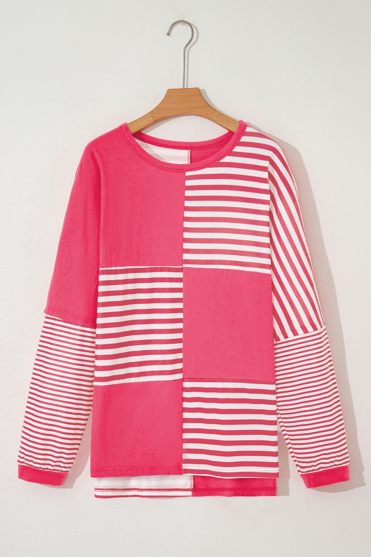 Pink Stripe Color Block Patchwork Drop Shoulder Long Sleeve Tunic Top  DAME BOHEME