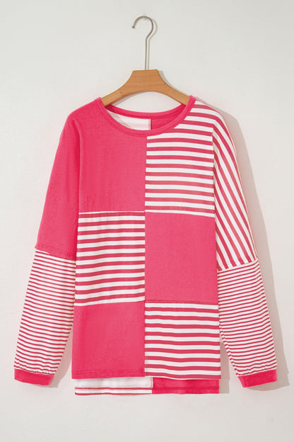 Pink Stripe Color Block Patchwork Drop Shoulder Long Sleeve Tunic Top  DAME BOHEME