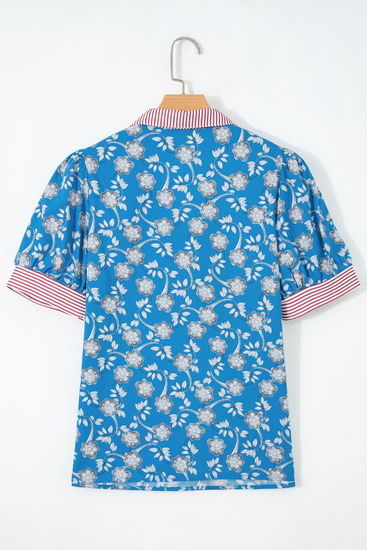 Blue Retro Floral Print Striped Trim Button Neck Short Sleeve Blouse  DAME BOHEME