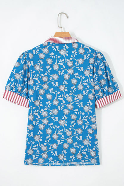 Blue Retro Floral Print Striped Trim Button Neck Short Sleeve Blouse  DAME BOHEME