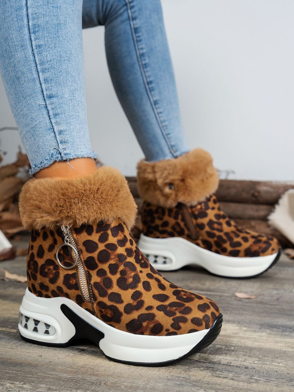 Side Zipper Leopard Suede Fur Trim Platform Boots