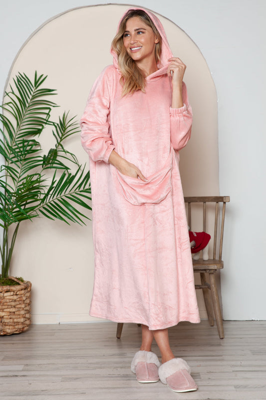 Full Size Pocketed Hooded Midi Lounge Dress Trendsi