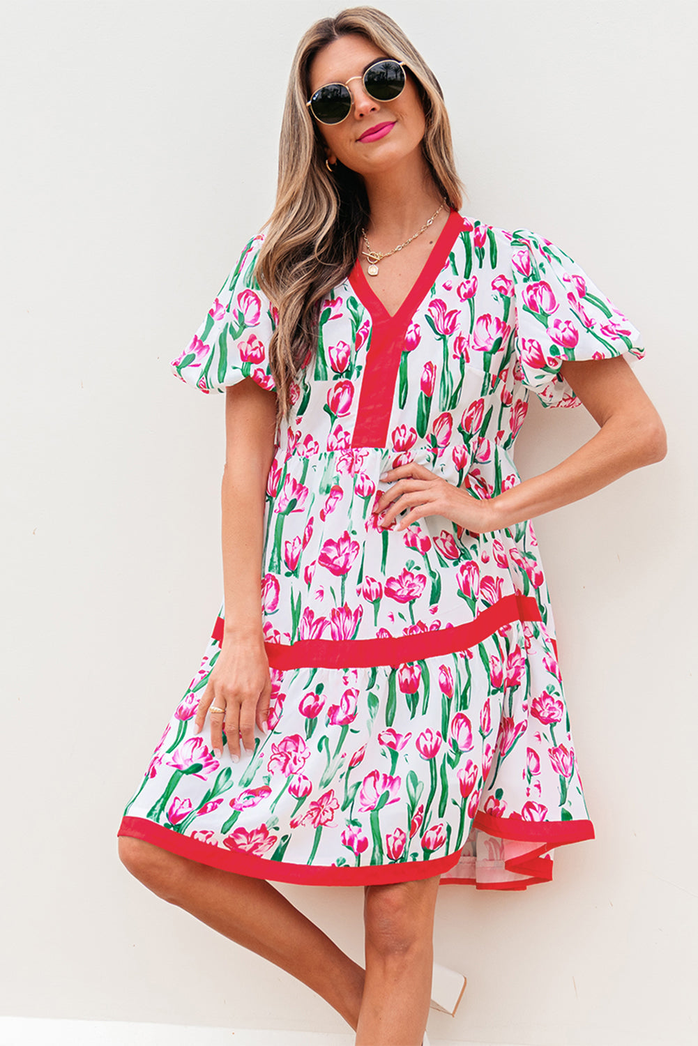 Pink Floral Print Contrast Trim V Neck Bubble Short Sleeve Babydoll Dress  DAME BOHEME
