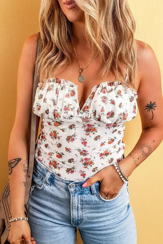 White Floral V-Cut Mesh Bodysuit with Frill Trim - Femstylo  DAME BOHEME