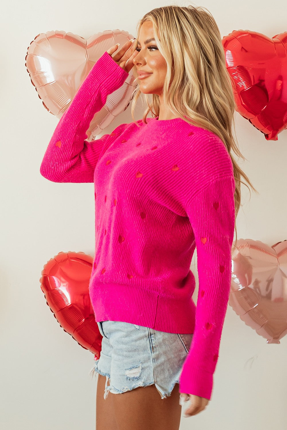 Red Hearts Pink Sweater Casual Knit Streetwear YNIQUE