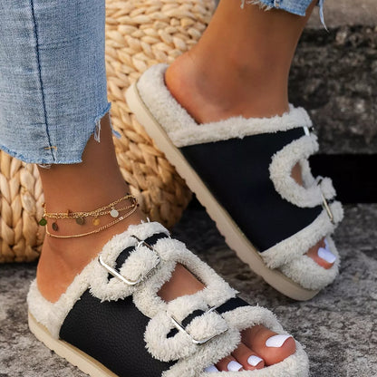 Buckle Decor Plush Lined Platform Slippers  DAME BOHEME