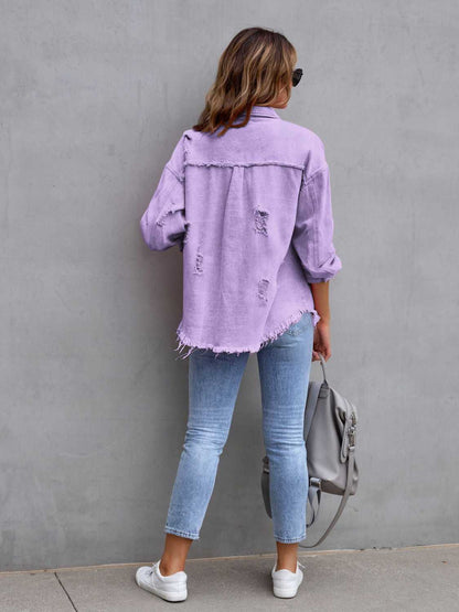 Distressed Drop Shoulder Denim Jacket Plus Size Trendsi
