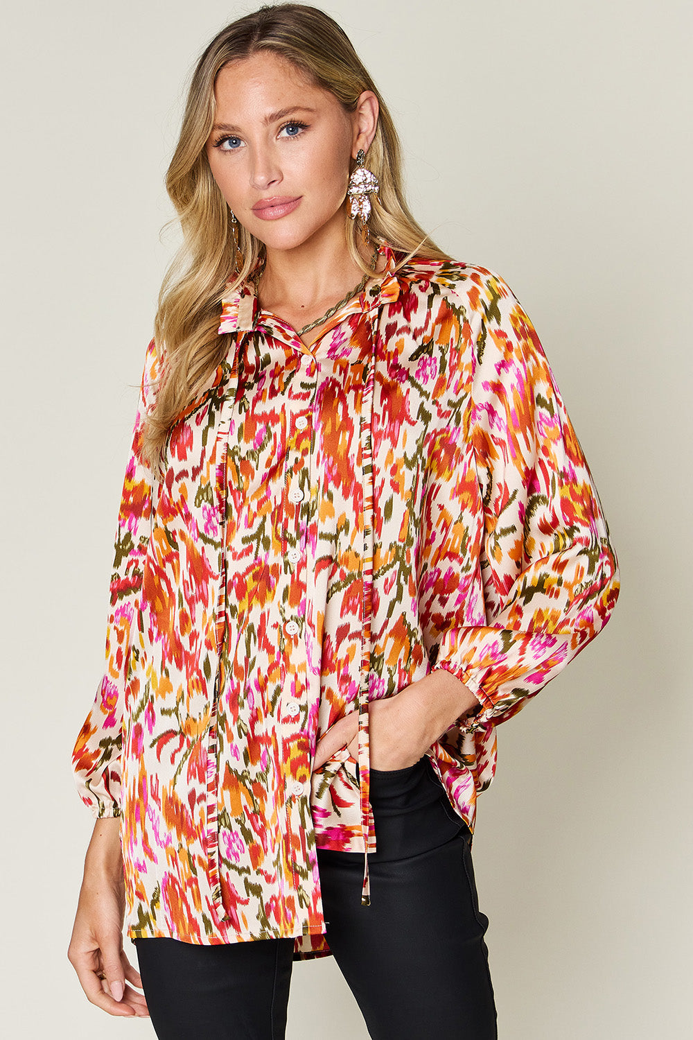 Double Take Full Size Printed Button Up Long Sleeve Shirt  DAME BOHEME