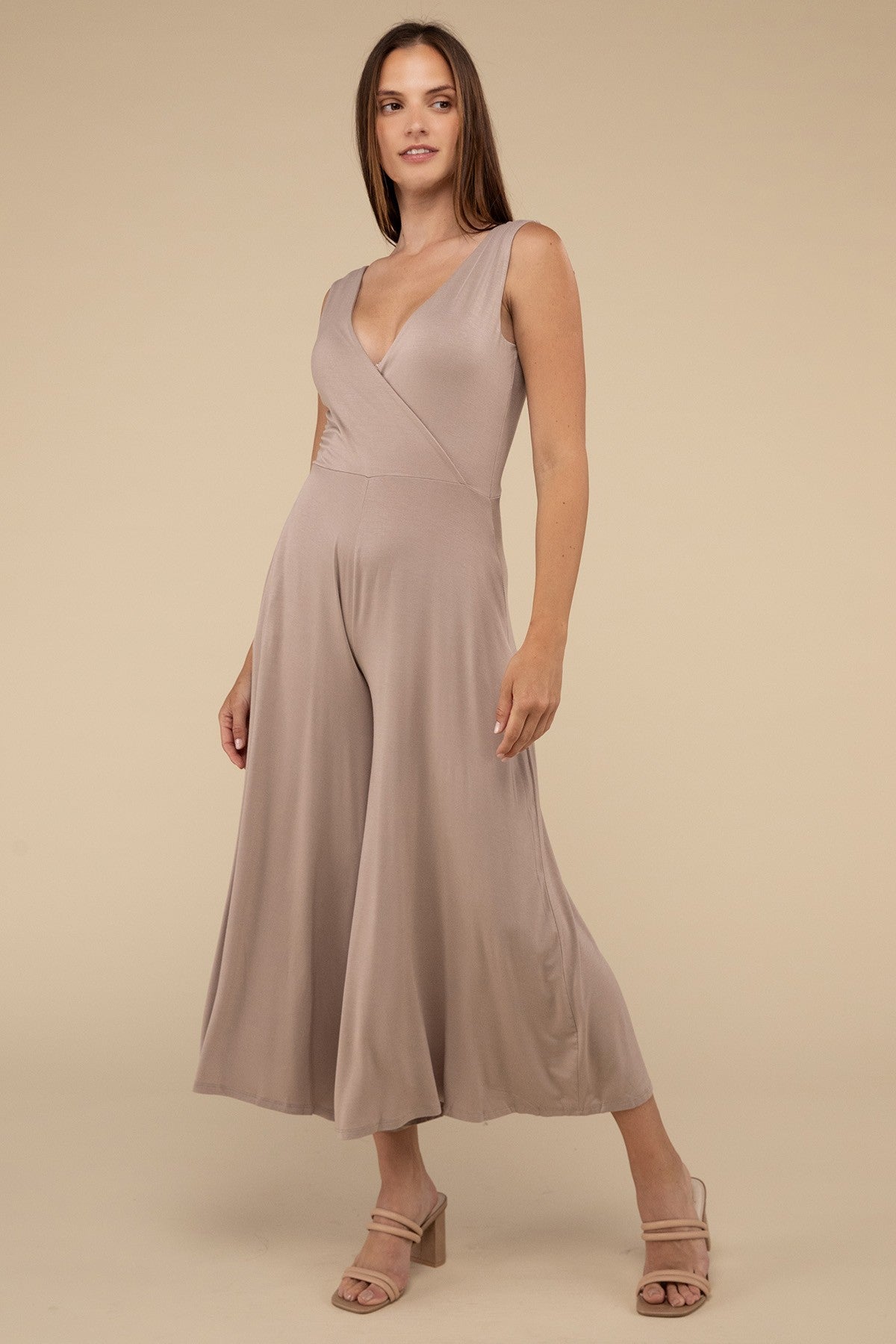 Surplice Neckline Sleeveless Midi Flared Jumpsuit ZENANA