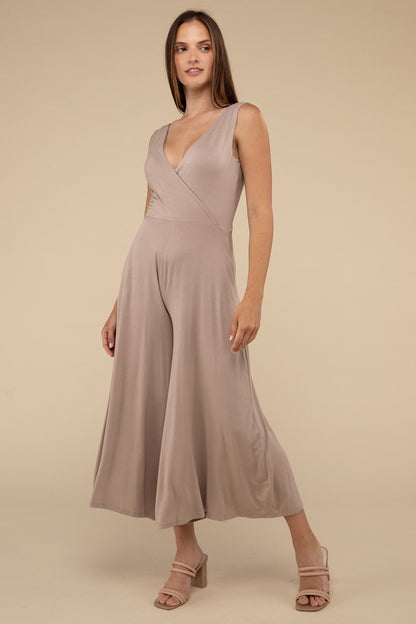 Surplice Neckline Sleeveless Midi Flared Jumpsuit ZENANA
