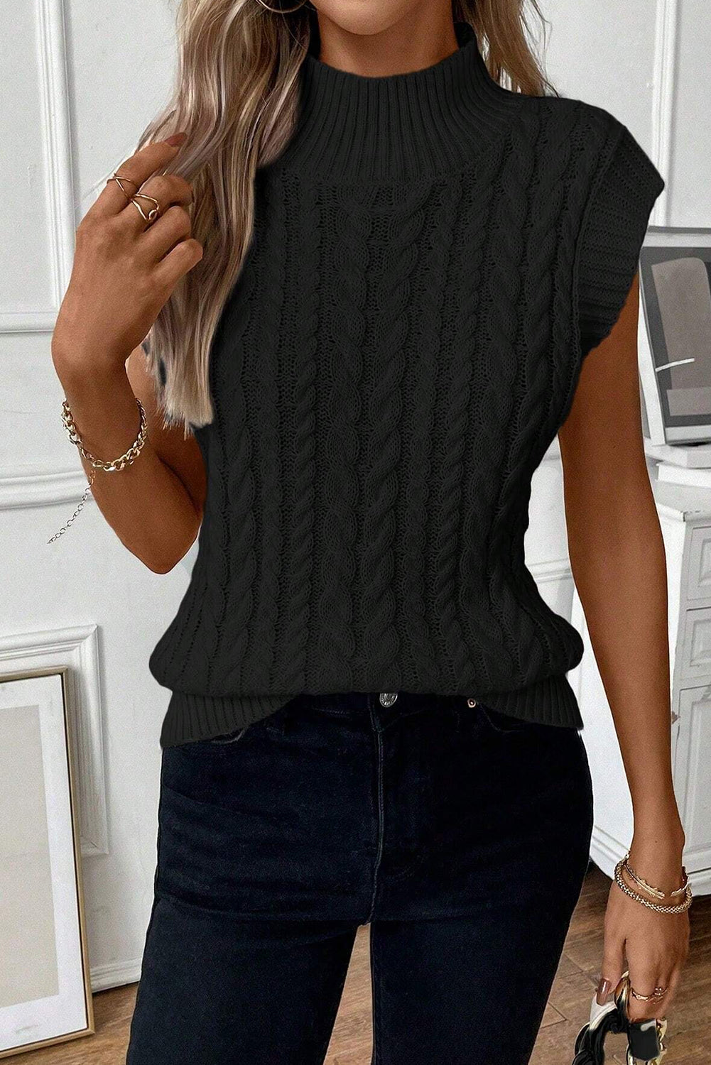 Cable-Knit Mock Neck Sleeveless Sweater Top