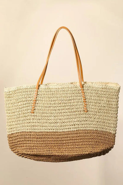 Fame Large Straw Braided Beach Tote Bag Trendsi