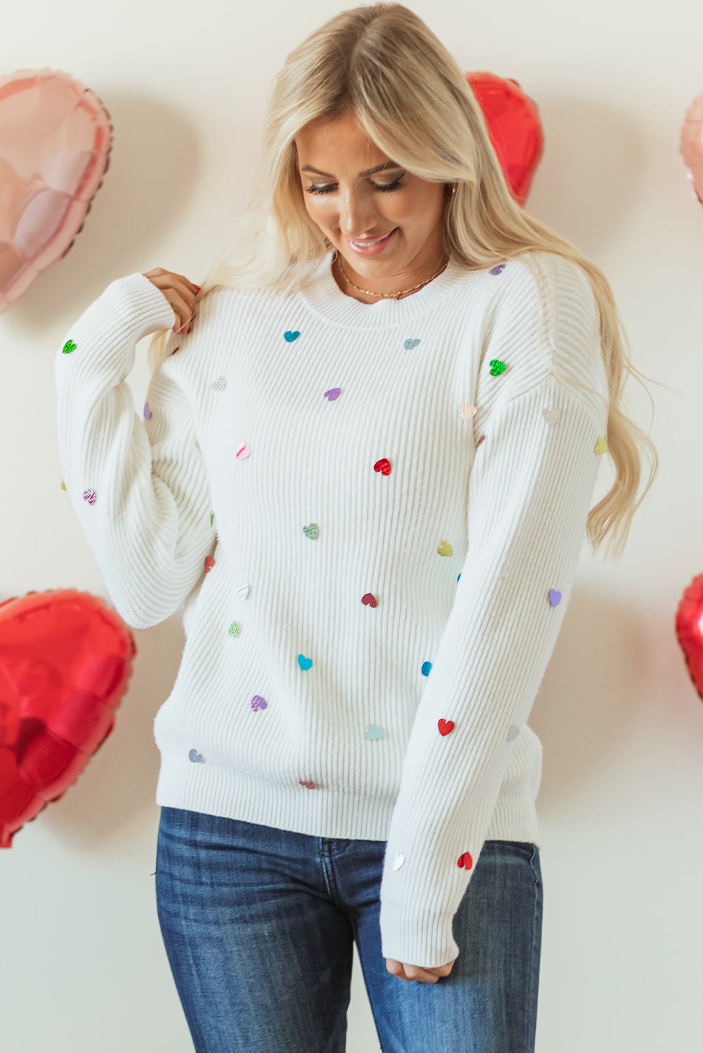 Sequin Heart Waffle Knit Sweater  DAME BOHEME