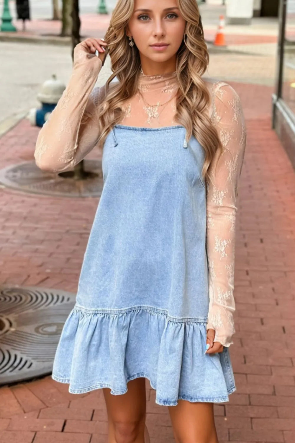 Bow Detail Spaghetti Straps Ruffle Hem Denim Dress Simply Love