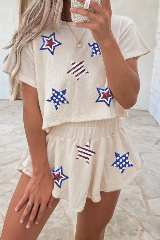 Beige Sequin Patriotic Star Cropped Tee Skort 2pcs Set  DAME BOHEME