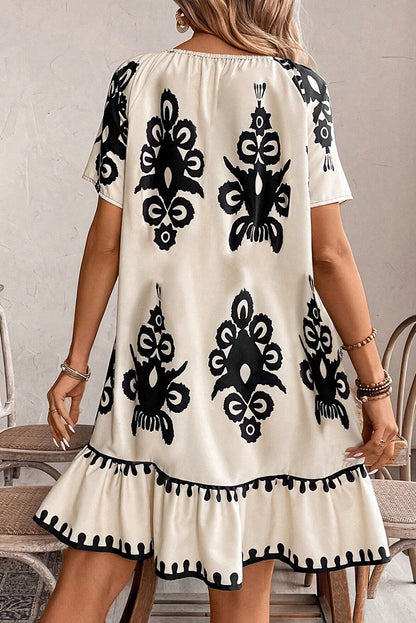 Apricot Ethnic Print Ruffle Hem Loose Mini Dress  DAME BOHEME