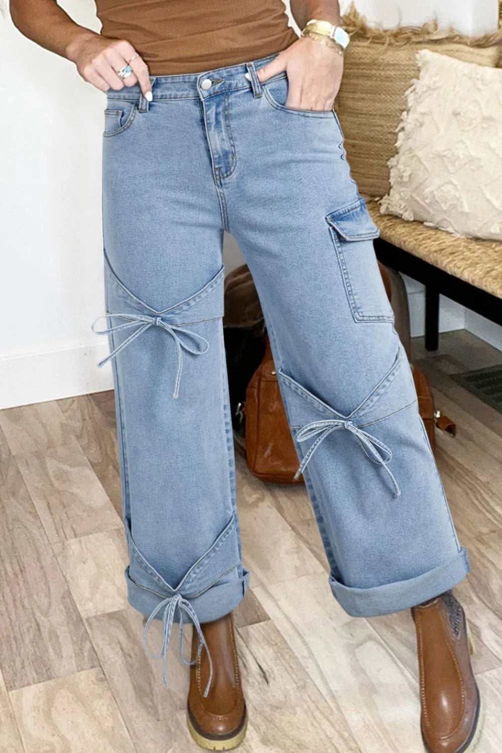 Light Wash Bowknot Ties Cargo Jeans Simply Love