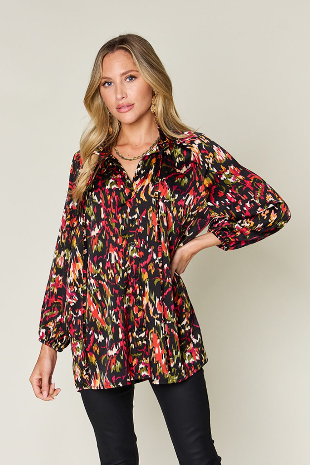 Double Take Full Size Printed Button Up Long Sleeve Shirt  DAME BOHEME