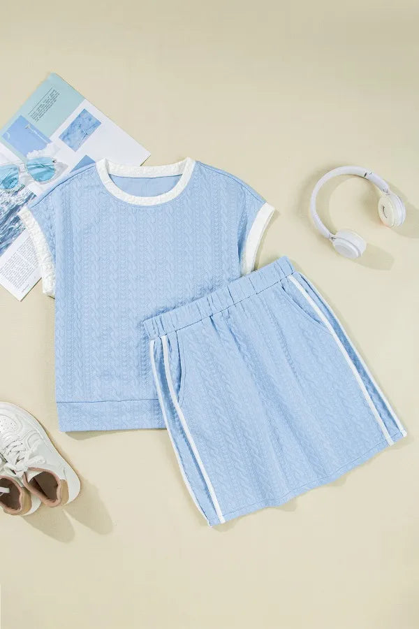 Contrast Trim Textured Crewneck Tee and Pocketed Skirt Set  DAME BOHEME