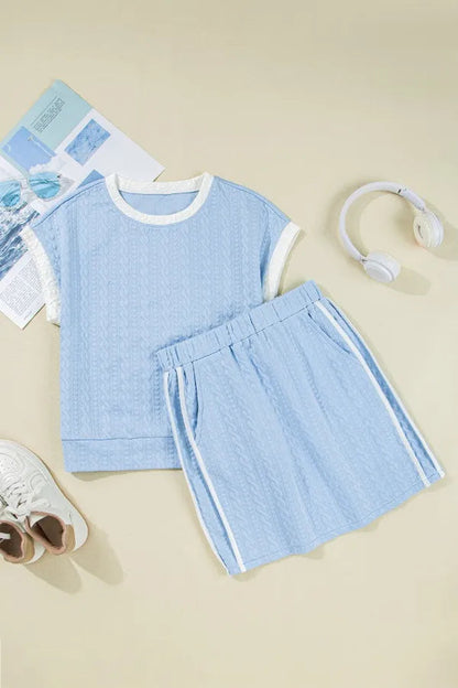 Contrast Trim Textured Crewneck Tee and Pocketed Skirt Set  DAME BOHEME