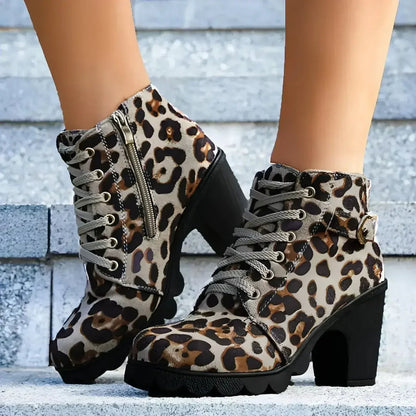 Leopard Print Ankle Boots - Chunky Heel Winter Shoes  DAME BOHEME