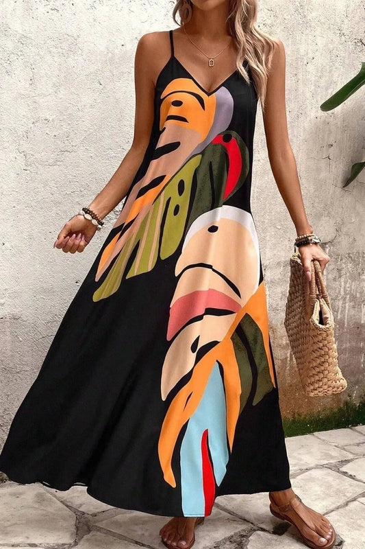 Tropical Leaf Print V-Neck Maxi Cami Dress Plus Size Trendsi