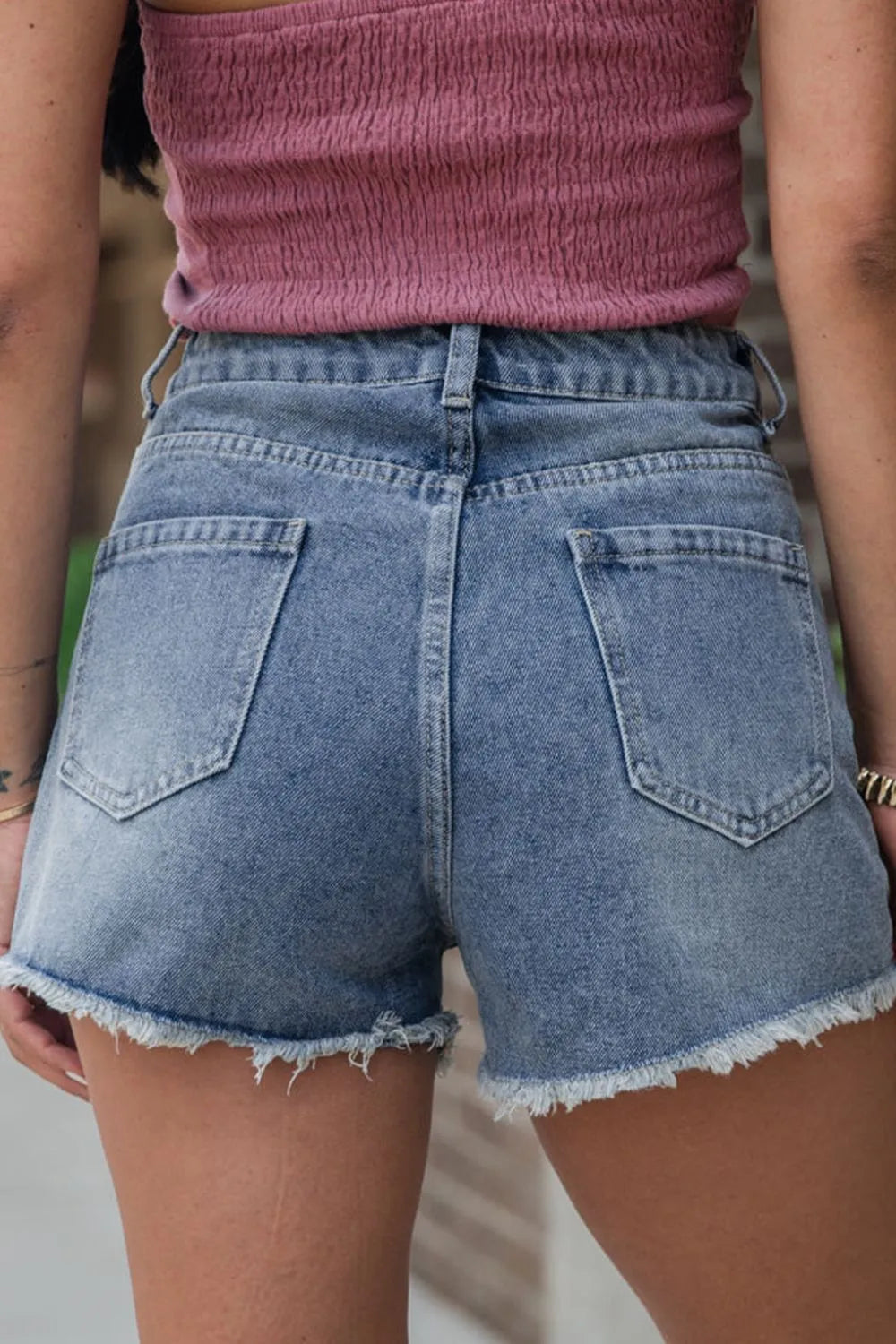 Pearl Beaded Raw Hem Wash Denim Shorts  DAME BOHEME