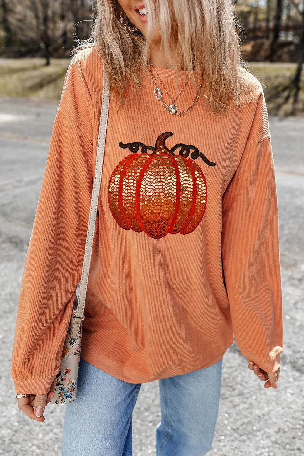 Sequin Pumpkin Round Neck Long Sleeve Sweatshirt  DAME BOHEME