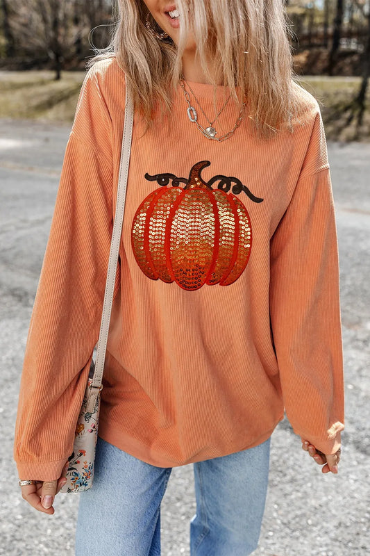 Sequin Pumpkin Round Neck Long Sleeve Sweatshirt  DAME BOHEME
