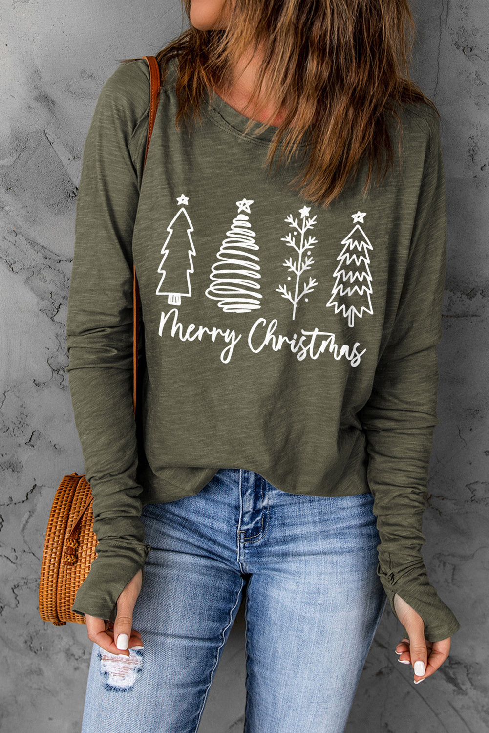 Thea Merry Christmas Trees Thumbhole Sleeve Graphic Tee  DAME BOHEME