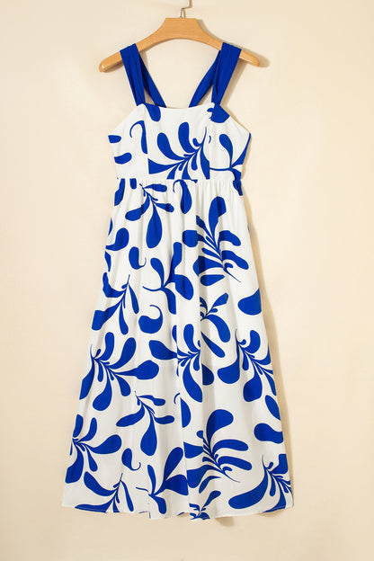 Blue Floral Print Crisscross Tie Back Sleeveless Long Dress  DAME BOHEME