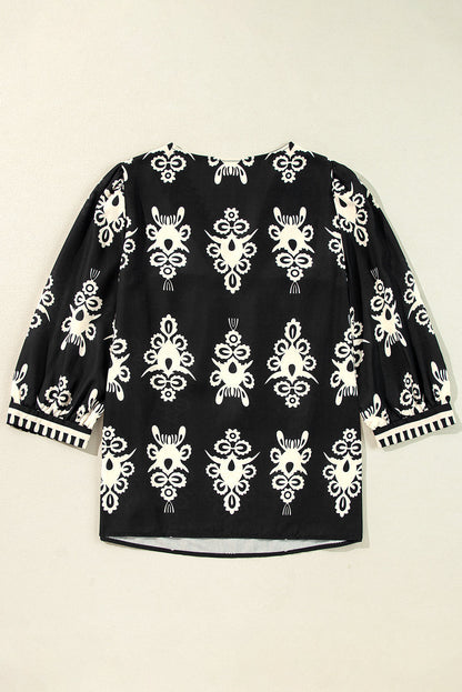 Vintage Geometric Printed V Neck Blouse  DAME BOHEME