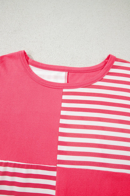 Pink Stripe Color Block Patchwork Drop Shoulder Long Sleeve Tunic Top  DAME BOHEME