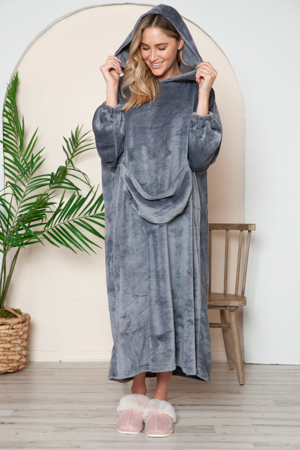 Full Size Pocketed Hooded Midi Lounge Dress Trendsi