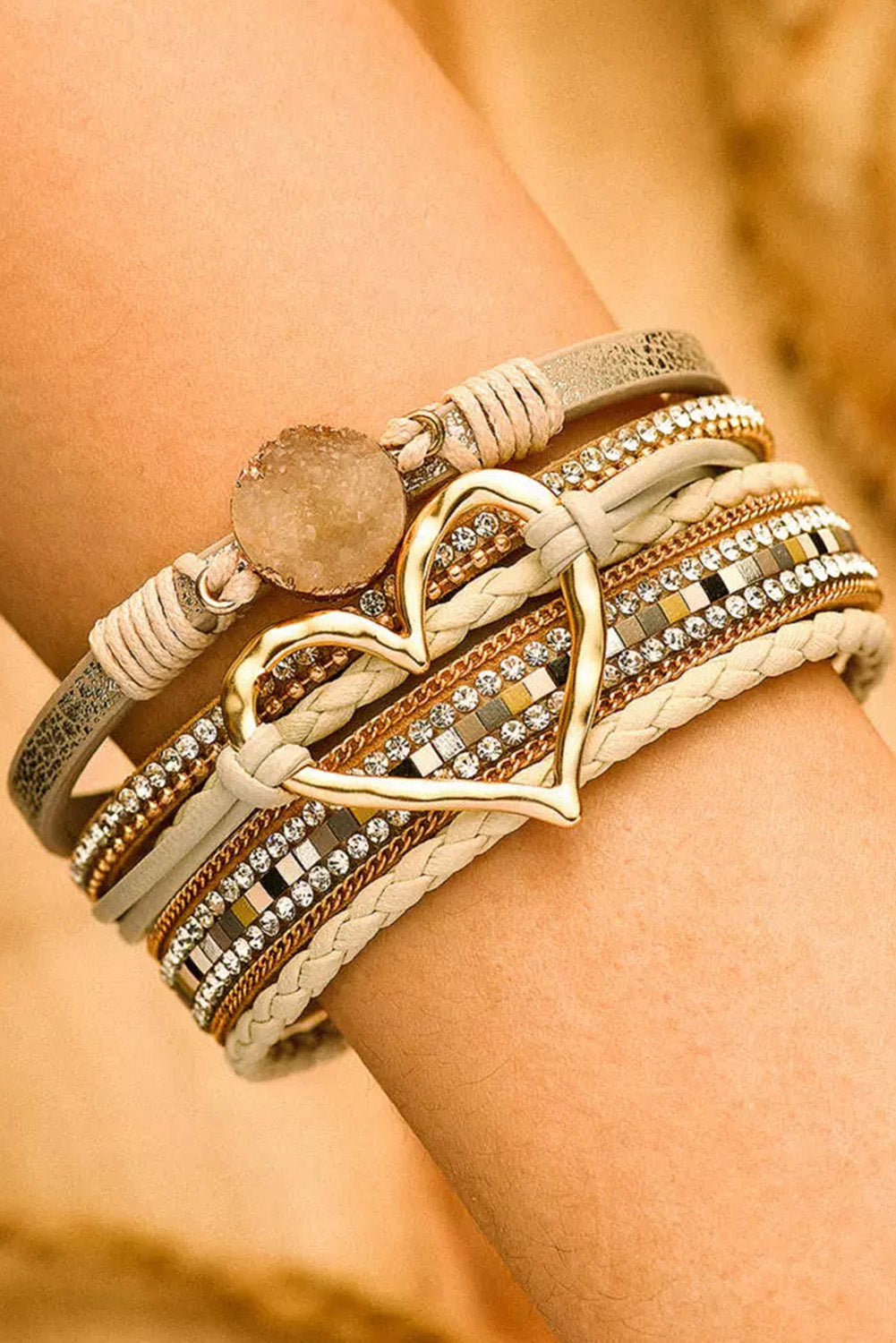 Beige Braided Heart Rhinestone Magnetic Buckle Multi Layered Bracelet  DAME BOHEME