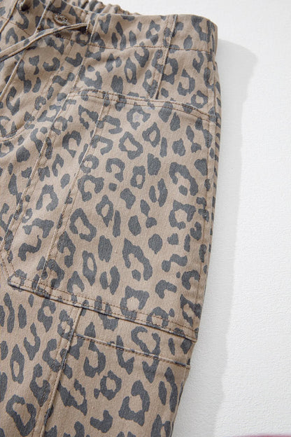 Leopard Printed Drawstring Waist Pocketed Wide Leg Jeans  DAME BOHEME