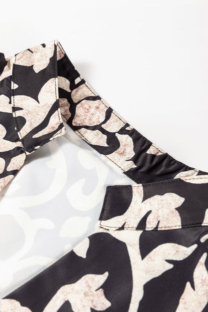 Black Retro Floral Mixed Print Split Neck A-line Dress  DAME BOHEME