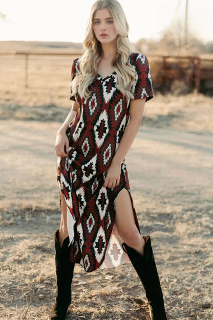 Aztec Print V-Neck Midi Dress Trendsi