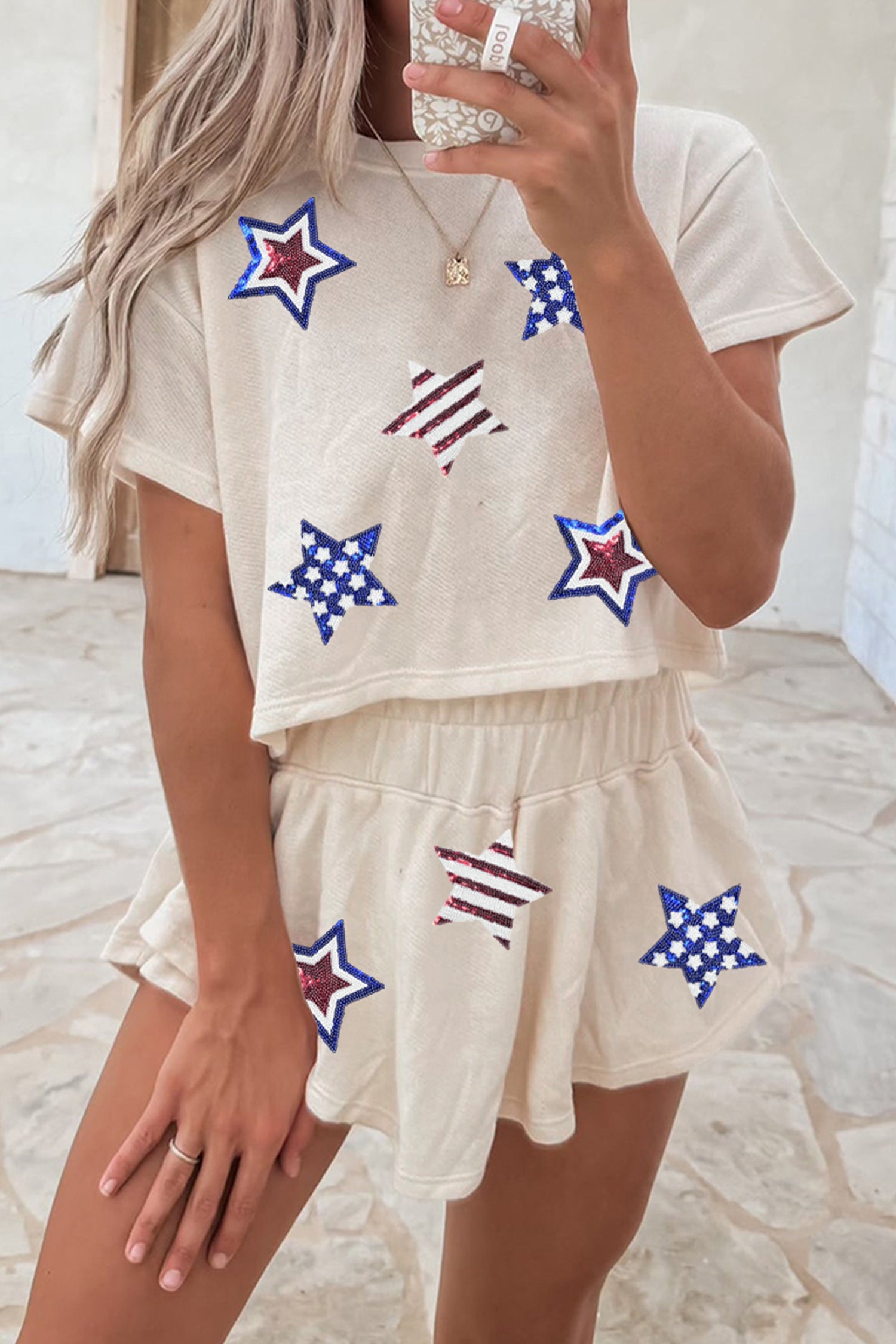 Beige Sequin Patriotic Star Cropped Tee Skort 2pcs Set  DAME BOHEME