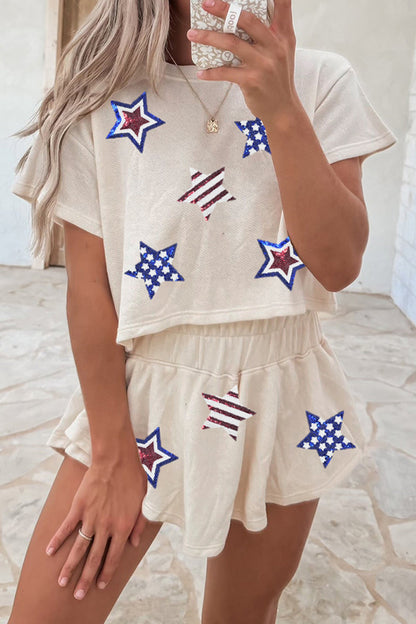 Beige Sequin Patriotic Star Cropped Tee Skort 2pcs Set  DAME BOHEME